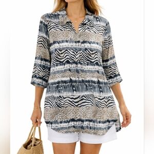 Caribe Women’s Animal Print Tunic Top Size Small Zebra Leopard Stretch Made USA